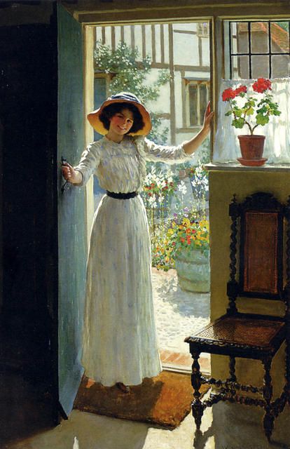 At the Cottage Door (c. 1900) by William Henry Margetson (English artist, lived 1861–1940). 'Come on out, the sun is shining!'
