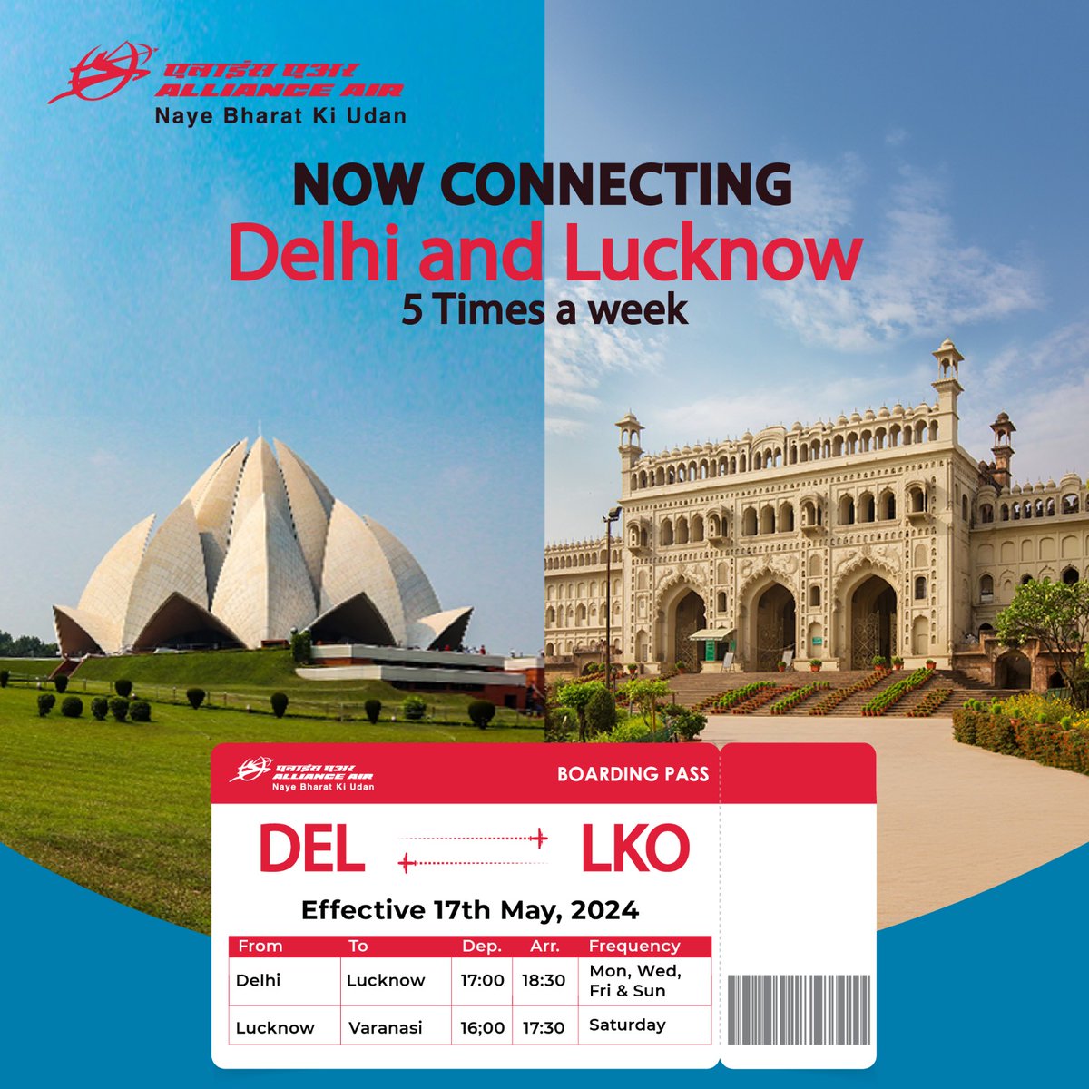 Travel with ease. Enjoy improved connectivity between Delhi and Lucknow. For bookings- allianceair.in/book or please contact +91-4442554255 or +91-4435113511 #AllianceAir #Explore #Travel #YourWindowToIndia #aviation #must #dekhoapnadesh #india #lucknow #delhi