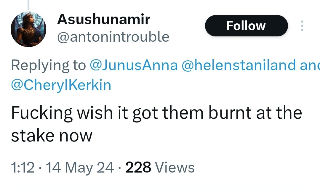 Gender ideology is extraordinary, isn't it? Here's one of its adherents lamenting that women can't be burned alive for objecting to calling some men women.