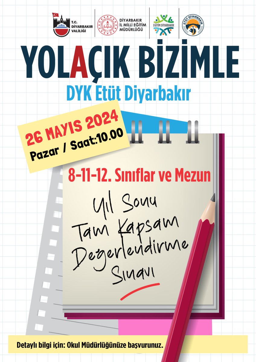 YOL🅰️ÇIK BİZiMLE DYK ETÜT DİYARBAKIR Yıl Sonu Tam Kapsam Değerlendirme Sınavı 26 Mayıs 2024 Pazar Saat 10.00 @tcmeb @dbakirvalilik @Murat4Kucukali @Mehmet_Bulut21 @Diyarbakirmem