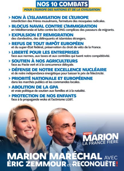 #Europeennes2024 Voici résumée en 10 points clairs l'ambition de #Reconquete pour les 5 ans à venir au Parlement européen. 

Lisez-les, partagez-les, débattez-en. 

Parce que tout ne s'arrête pas au 9 juin. 
Ça commence vraiment le 10 juin au matin.

#VotezMarion
#LaFranceFiere