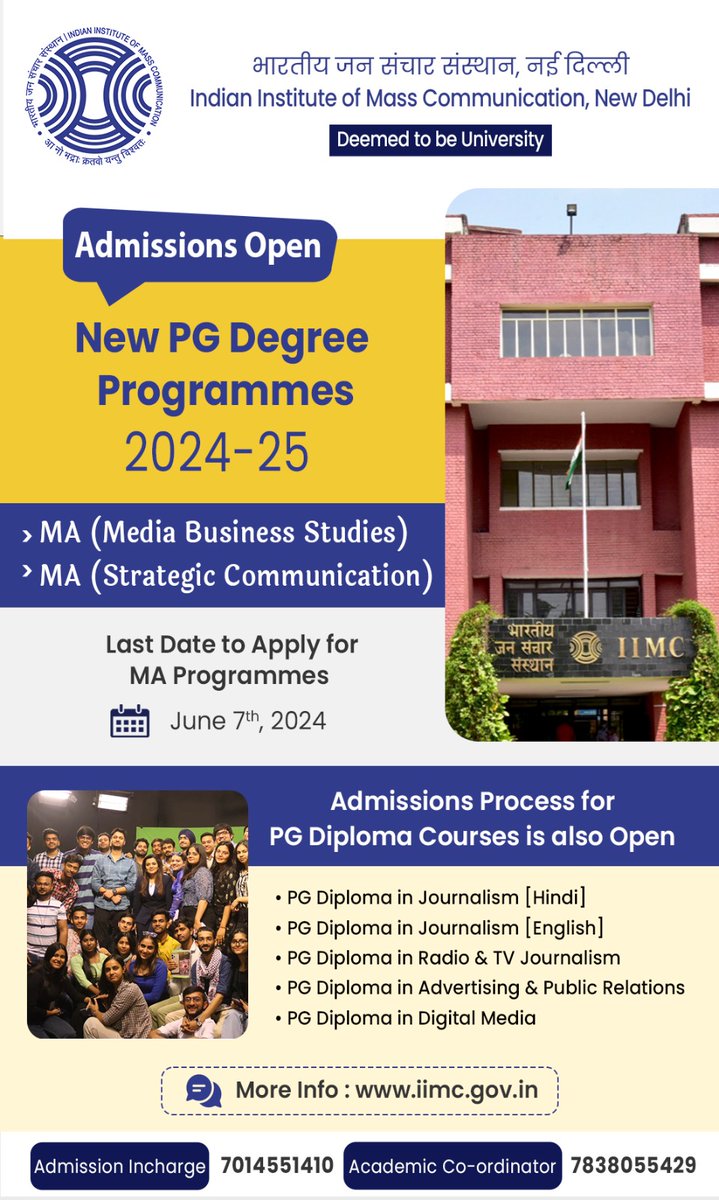 Admissions to our first ever MA programmes are OPEN. Apply for 👇 MA (Media Business Studies) MA (Strategic Communication) Last Date: June 7, 2024. Admissions process for our PG Diploma Courses is already open. For details: iimc.gov.in #IIMC_Admission24