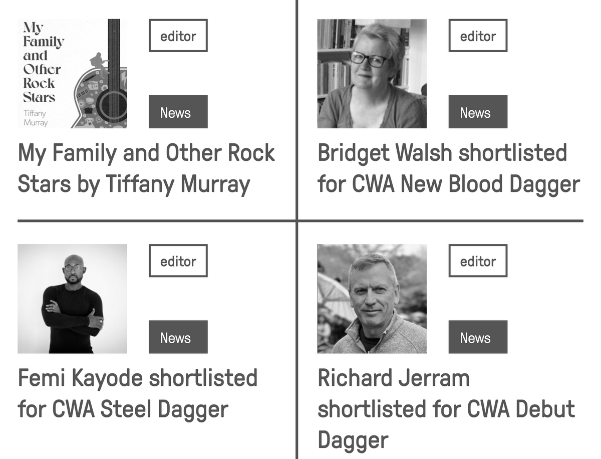 UEA #CreativeWriting news newwriting.net/category/news My Family and Other Rock Stars by @tiffanymurray @bridget_walsh1 shortlisted for CWA New Blood Dagger Femi Kayode (@FemiKay_Author) shortlisted for CWA Steel Dagger Richard Jerram shortlisted for CWA Debut Dagger