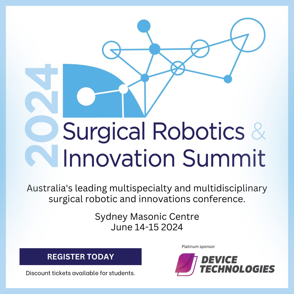 One month to go!
Register today for #SRIS2024 sydneyroboticssummit.com

Discounts available for students and <a href="/SydneyLHD/">Sydney Local Health District</a> staff