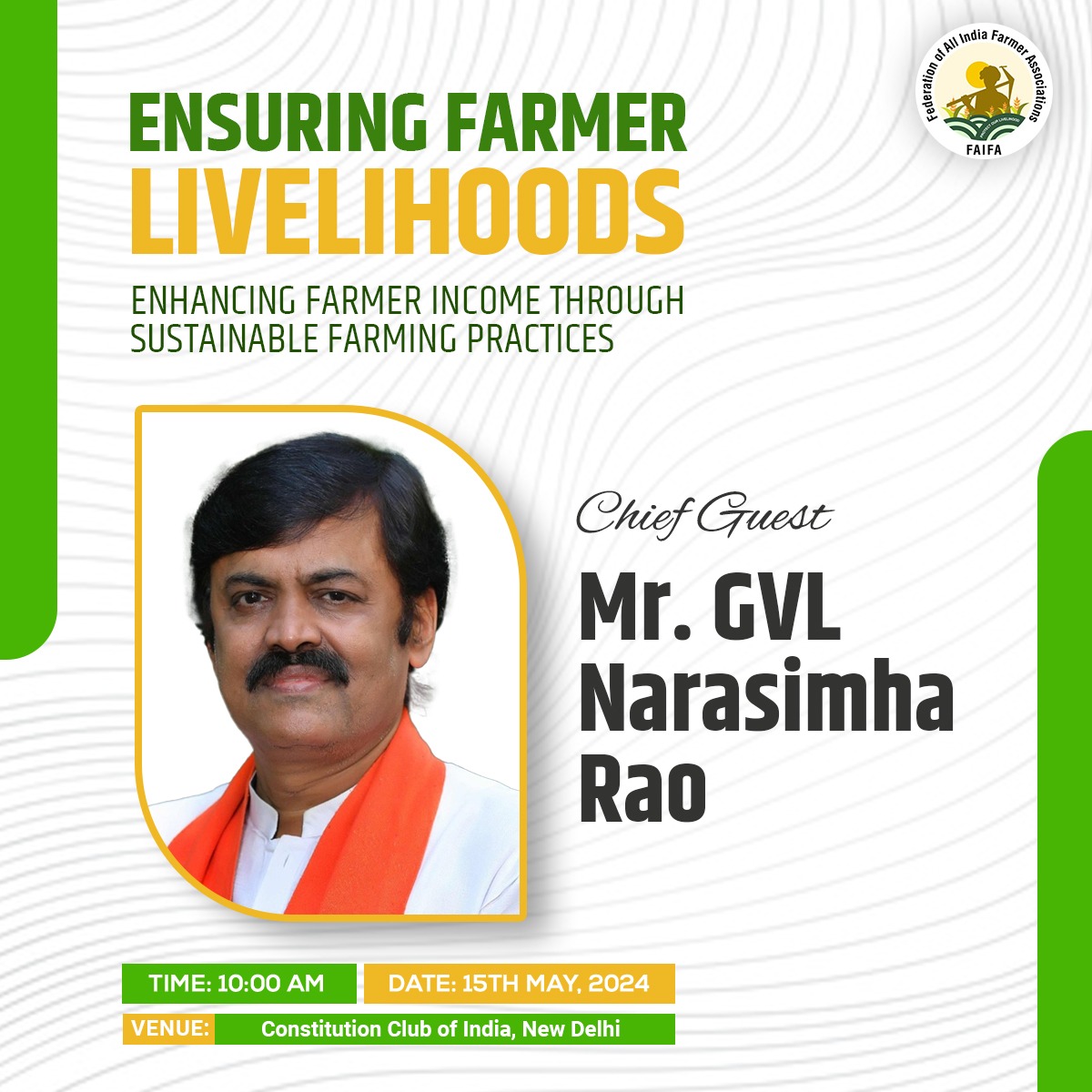 Introducing our esteemed Chief Guest, Mr. GVL Narasimha Rao, who will be gracing the event on May 15th, 2024, commencing at 10 AM, focusing on #SustainableAgriculture . #SustainableFarming