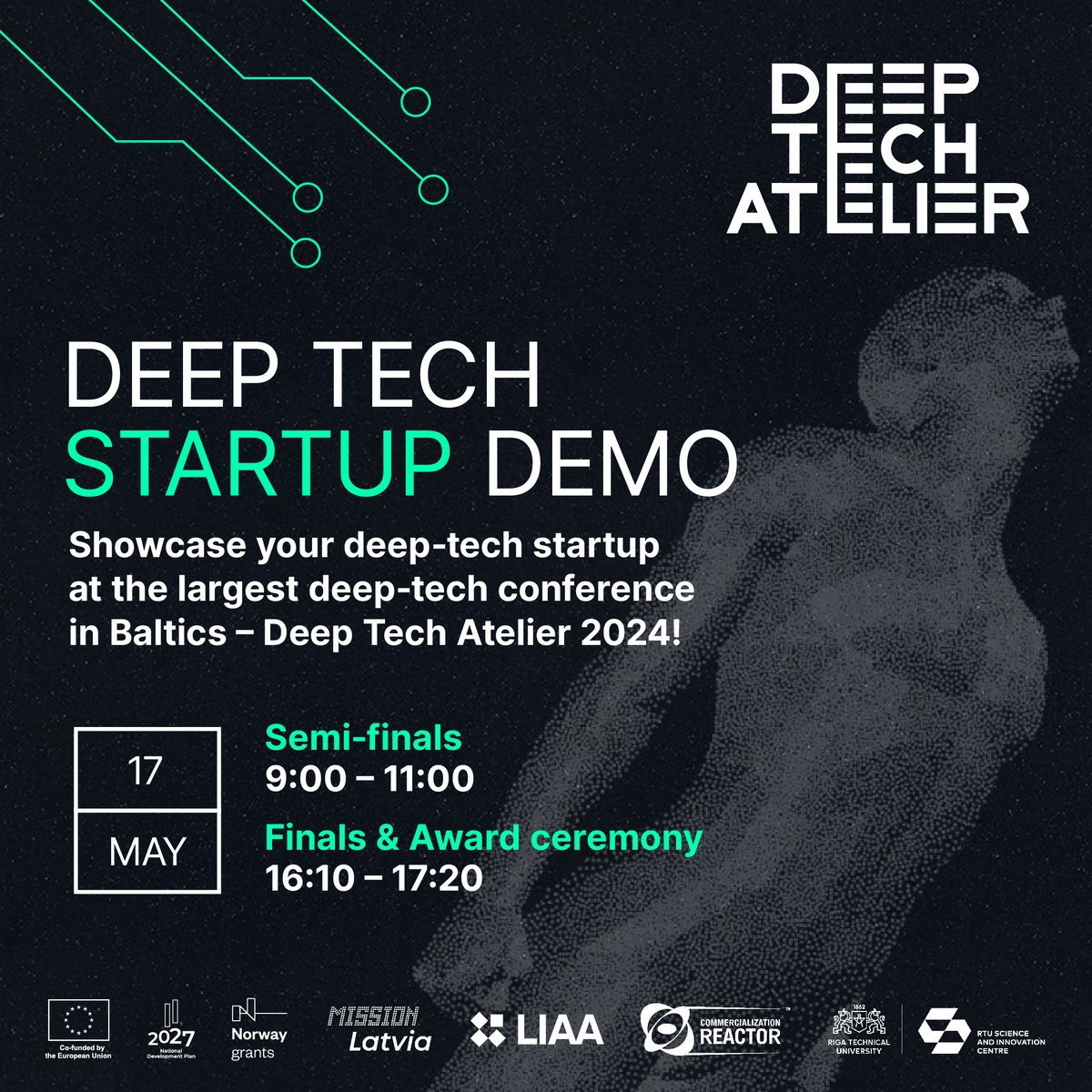 🚀 Plāno ierasties uz #DeepTechAtelier2024 un vēlies gūt iedvesmu jaunām idejām? Nepalaid garām iespēju būt klātesošs brīdī, kad jaunie deep tech censoņi prezentēs savas inovatīvās idejas 'Deep Tech Startup Demo'. 🌟Uz drīzu tikšanos! deeptechatelier.com