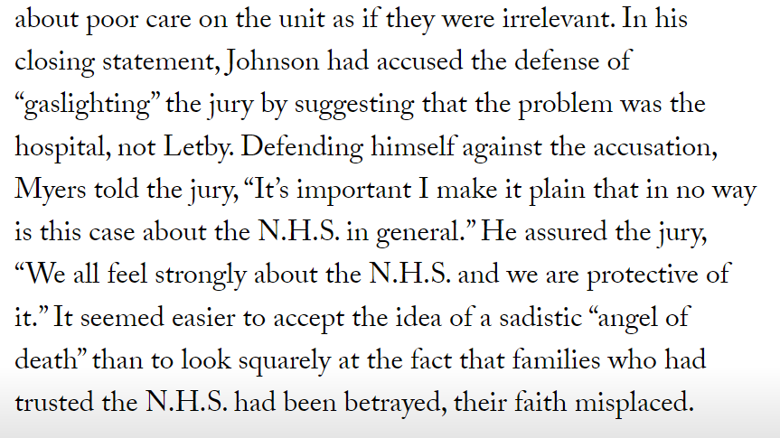 The New Yorker article on Lucy Letby isn't that convincing, and very selective with what it covers. 

But the points about Contempt of Court laws and NHS Idolatry are bang on. This is an insane thing to hear your defence barrister say at the end of your trial