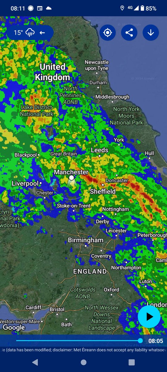It's pouring and some torrential rain is over the Peak District and Pennines.
This Rain will clear Manchester area first as it's edging North, and should become drier in the city in about a hour or so.
Continues wet this Morning for Cumbria Lancashire and Yorkshire 
@Reapinstein