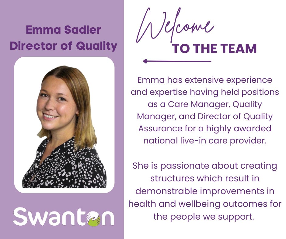 ✨ We are pleased to announce that Emma Sadler has joined our CEO office as our new Director of Quality ✨

A huge welcome to the team Emma! 💜

To read Emma's full bio, visit:-

🔗swantoncare.com/meet-our-team/

#SwantonEthos #Learningdisability