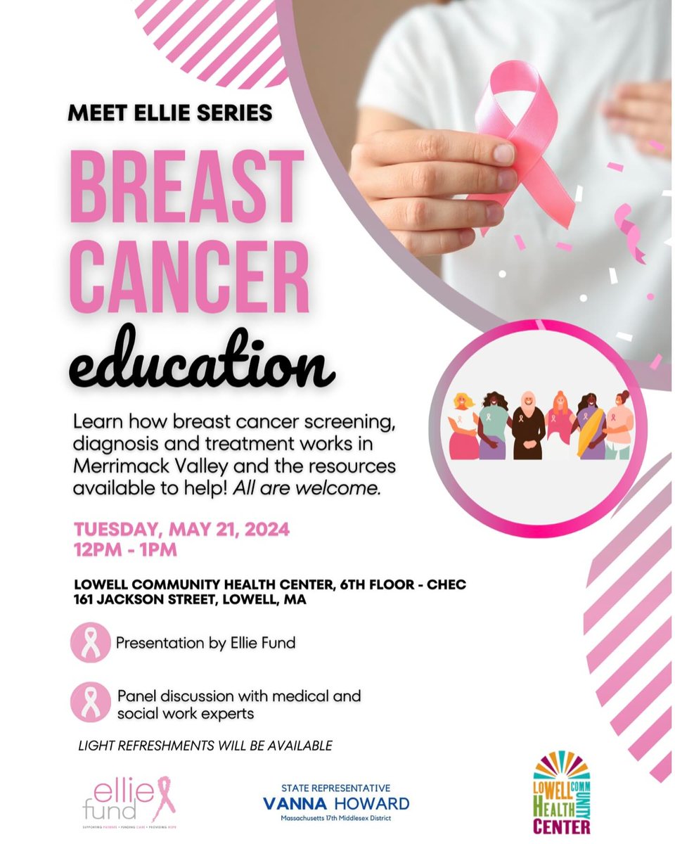 Attend a Breast Cancer Education and Resources talk including local screening resources information from our friends at the Lowell Community Health Center. Tuesday, May 21 from noon until 1pm. Light refreshments served. #elliefund #merrimackvalley #mammogram
