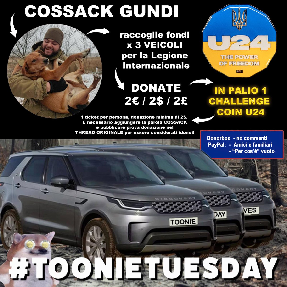 È #ToonieTuesday e oggi supporta @cossackgundi 🇺🇦 
INFO IN GRAFICA

Dona qui:
donorbox.org/toonie-tuesday…
send.monobank.ua/jar/9ZTDpQG8R 

❤️, RT, Commenta con screenshot donazione + COSSACK qui: x.com/toonie_tuesday…

Un enorme ringraziamento a @Doshka_F
per aver elaborato le donazioni!