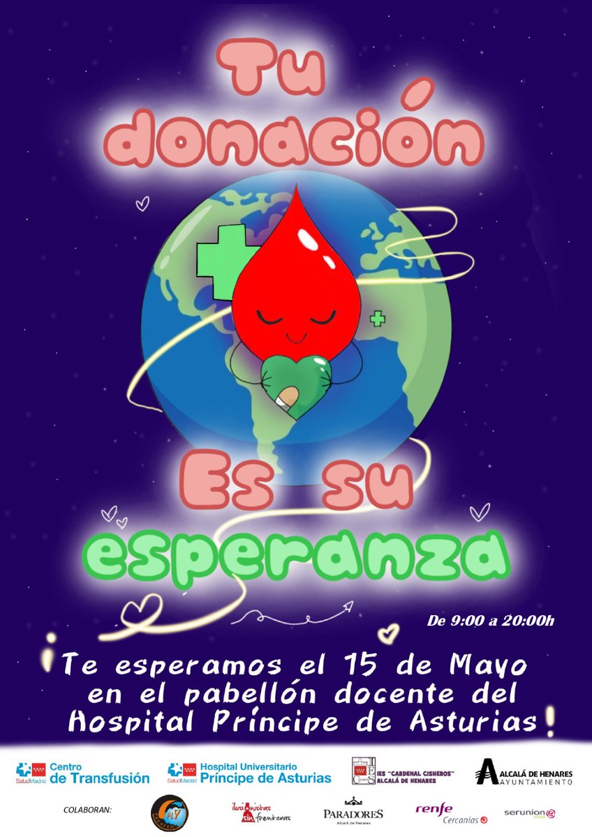 PARTICIPACIÓN |
🩸 Con el lema: 'TU DONACIÓN ES SU ESPERANZA’, el alumnado de 3º de ESO del 'IES Cardenal Cisneros' <a href="/CardenalCisnero/">IESCardenalCisneros</a> en colaboración con el Ayuntamiento de Alcalá de Henares y <a href="/Madridonasangre/">Centro de Transfusión🩸</a>, anima a todos los vecinos de Alcalá y del Corredor del Henares a