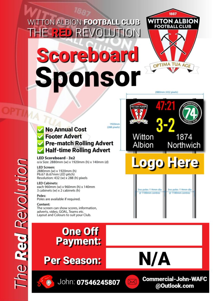 🗣 'A new exciting Sponsor Opportunity has arrived, we are looking for 6 businesses to sponsor a new Scoreboard, as we look forward to a new campaign' ✅️ Contact me directly on: ☎️ John: 07546245807 📧 commercial-john-wafc@outlook.com