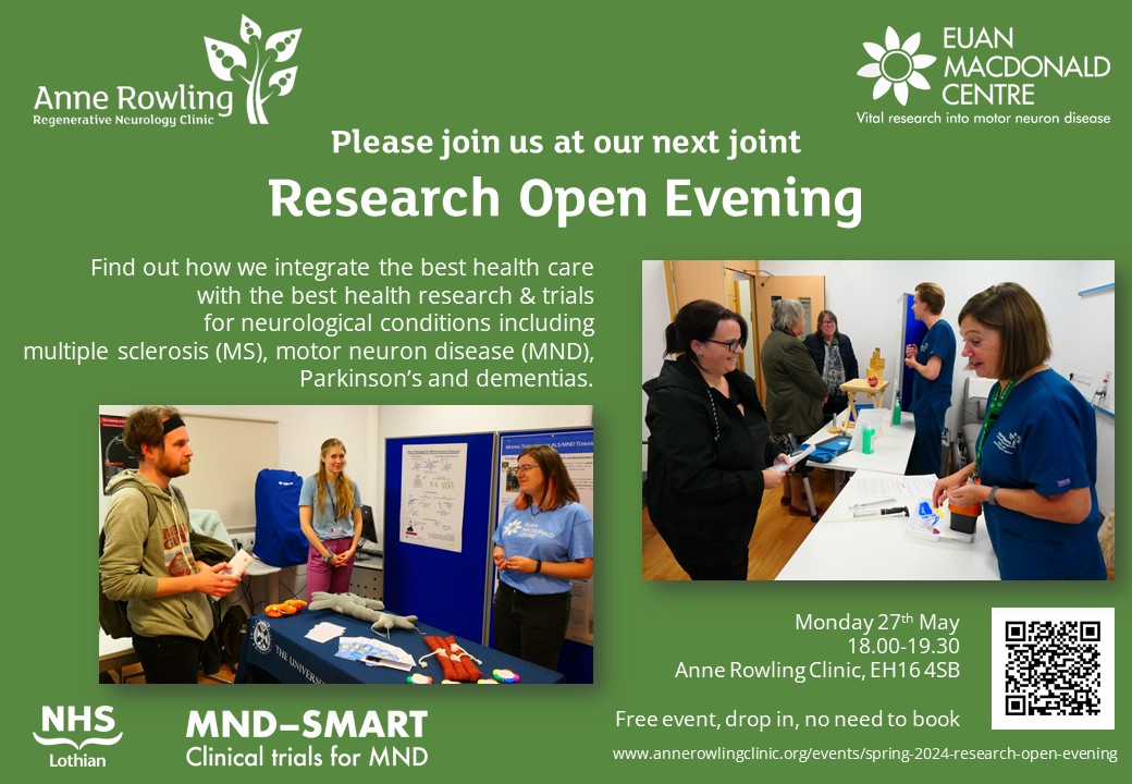 Everyone is welcome to join us in Edinburgh, Mon 27th May, for our next Research Open Evening. Drop-in (no need to book), 18.00-19.30 & discover our #MND research including the @mndsmart clinical trial. @MNDScotland @MNDoddie5 @ADFoundationUK @mndassoc