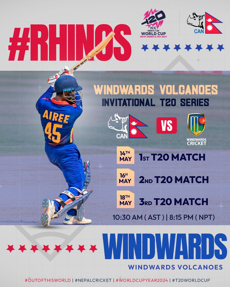 ⚡️Journey to the World Stage 🇳🇵🌎 #Rhinos Charge Ahead! Catch their action starting today as they clash with Windwards Volcanoes at Park Hill Playing Field, St. Vincent. 🏏 #OutOfThisWorld | #WorldCupYear2024 | #NepalCricket | #T20WorldCup