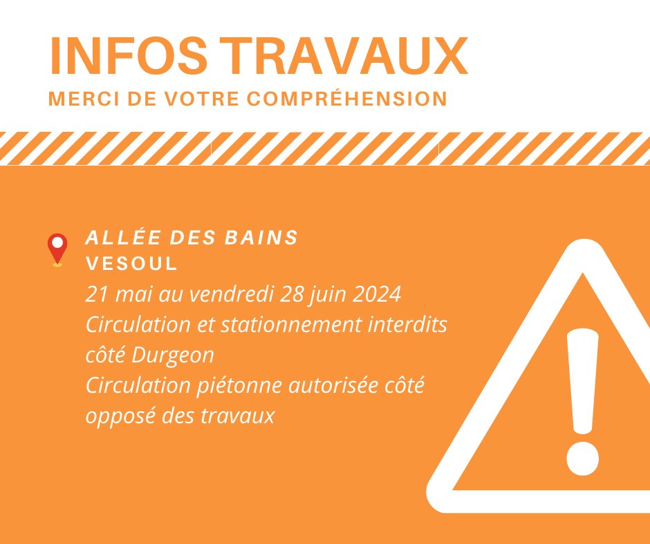 INFO #TRAVAUX  ⚠️🚜🚧Des travaux d’aménagement et création d’une 
zone de rencontre vont se dérouler allée des Bains :
🗓  Du 21 mai au 28 juin 2024
🚫 Circulation et stationnement interdits côté Durgeon
🙏 Merci de votre compréhension
#travaux #Vesoul #VesoulandCo