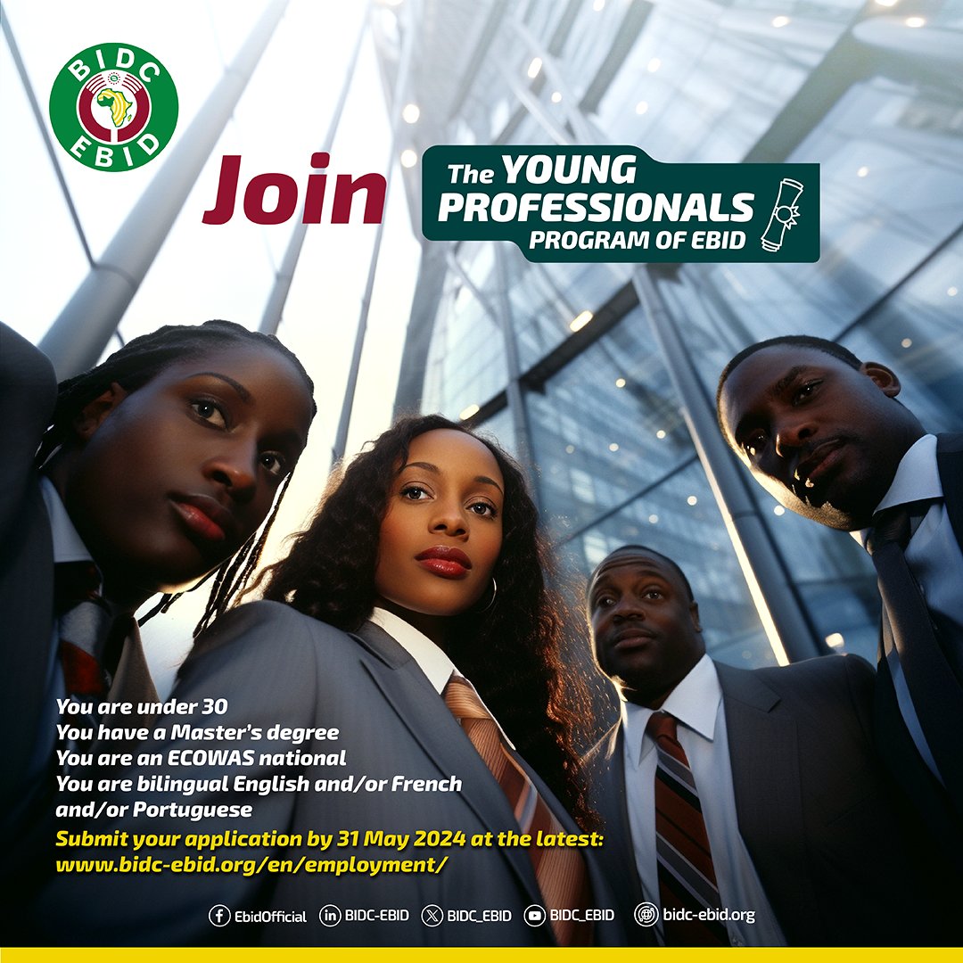 Launch your finance career with #EBID! We are seeking ambitious young graduates under 30 from West Africa or the diaspora. Join our Young Professionals Programme for top-notch training. Apply by May 31, 2024! Get more details here: pulse.ly/afu4gge96v