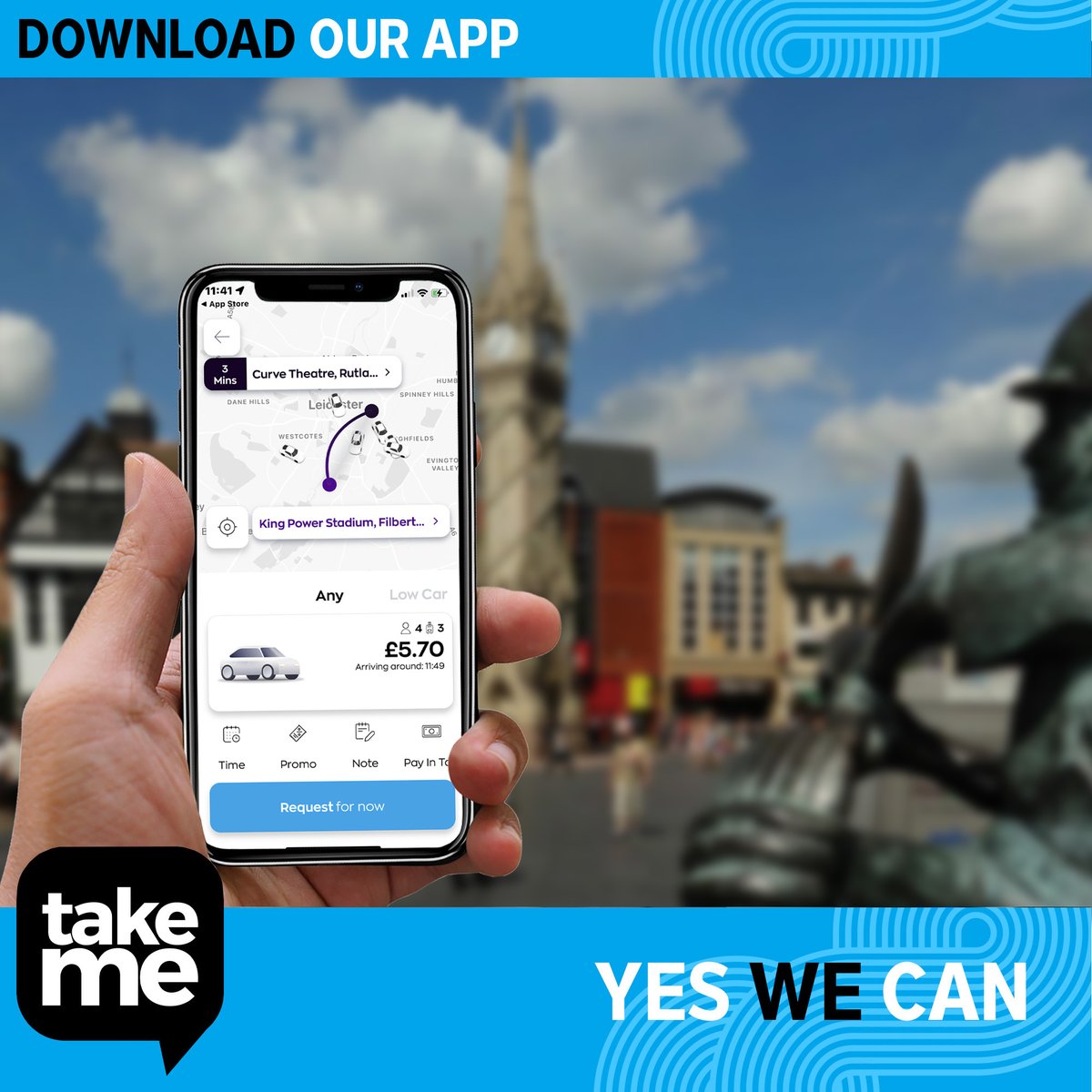 Take Me? Yes We Can! Download our app and pre book today: takeme.taxi/app/ #TakeMe #Leicester #Loughborough