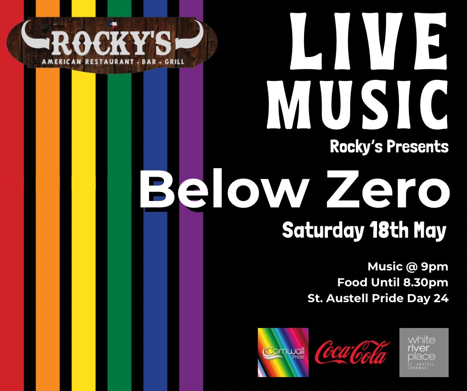 Head to Rocky's in St Austell this Saturday for an evening of food and live music, coinciding with @cornwallpride celebrations the next day! 🎵