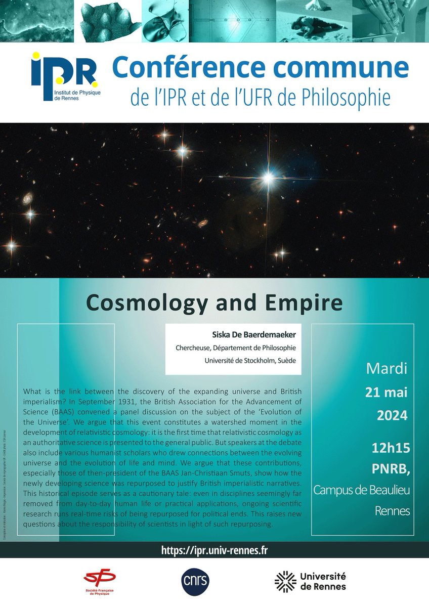 Conférence : Cosmologie et Empire 🌌 Quel est le lien entre la découverte de l'expansion de l'univers et l'impérialisme britannique ? Le 21 mai 2024, à 12h15 au campus de Beaulieu à Rennes ! #Rennes #Cosmologie #Philosophie #CNRS 📌 Pour plus d'infos buff.ly/4dwBBw8