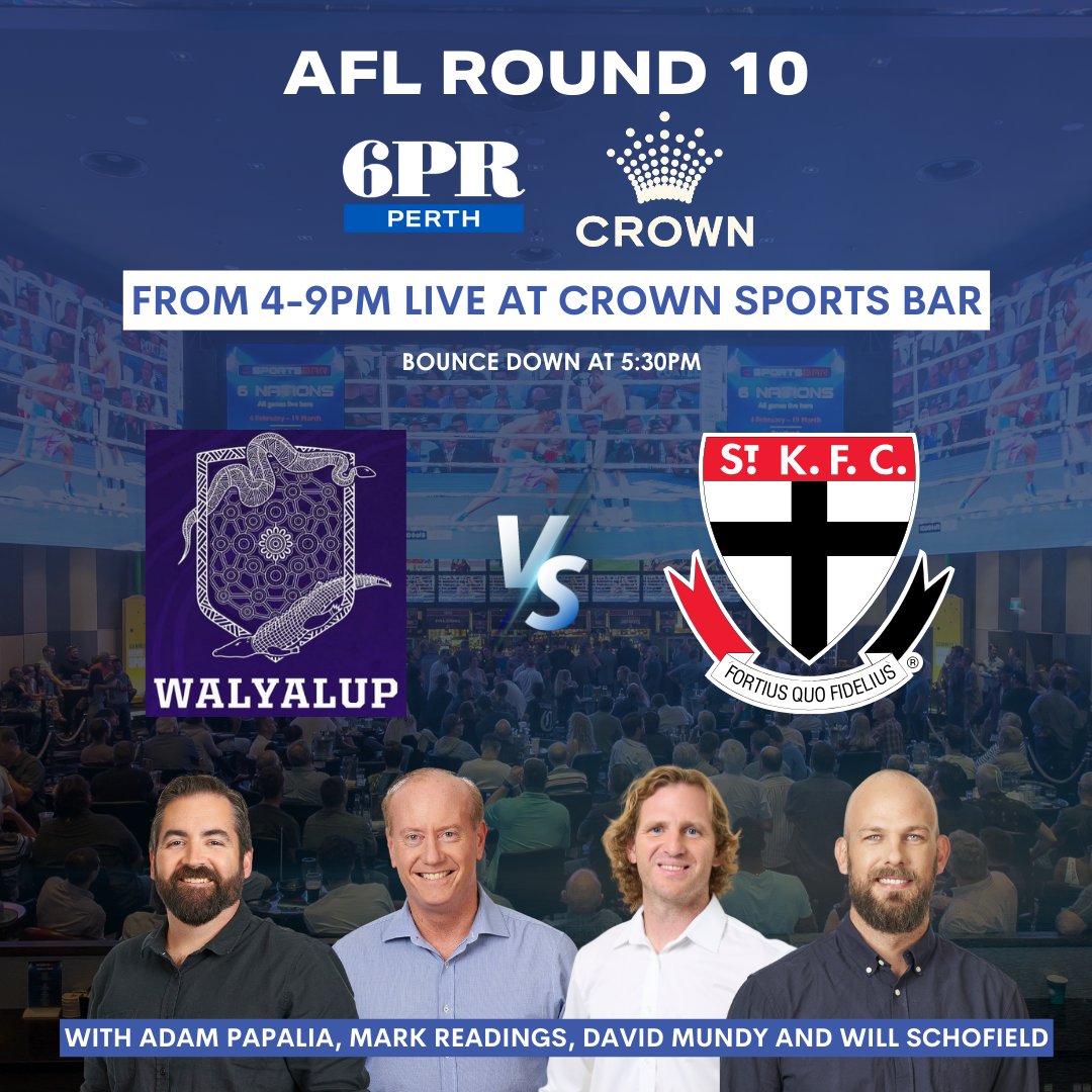 🏉🎙️LIVE FROM CROWN SPORTS BAR THIS SATURDAY🎙️🏉 Grab some mates, come down and join in the fun with 6PR Football for Freo v St Kilda! 🎧📲Listen in to WWOS from the special time of 7pm tonight for your chance to win tickets.