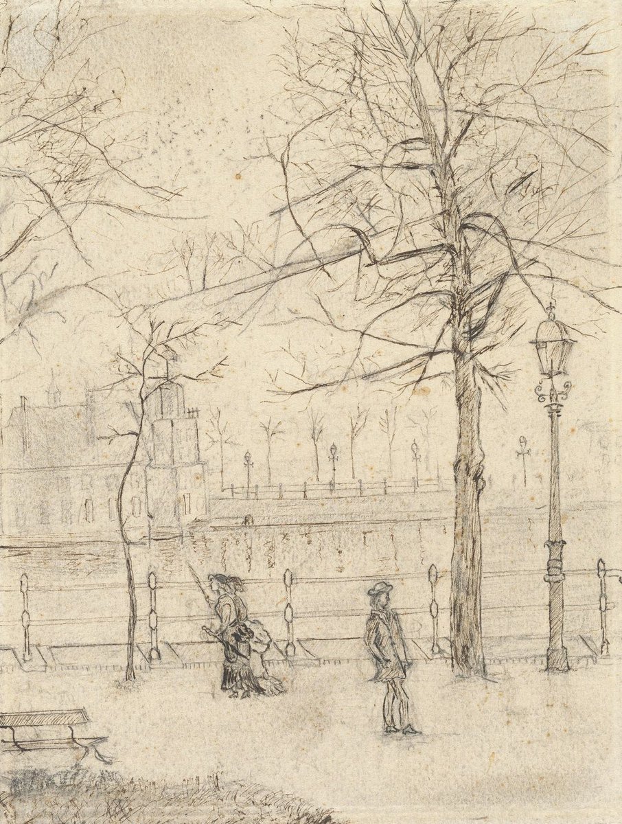 Edited reality 🔍 This sketch from Vincent's time at Goupil & Cie depicts the Binnenhof in The Hague. A daily scene altered by Vincent's creative touch; the corner building lacks a storey, and the lanterns as Vincent drew them never existed, at least not in The Hague. 💡