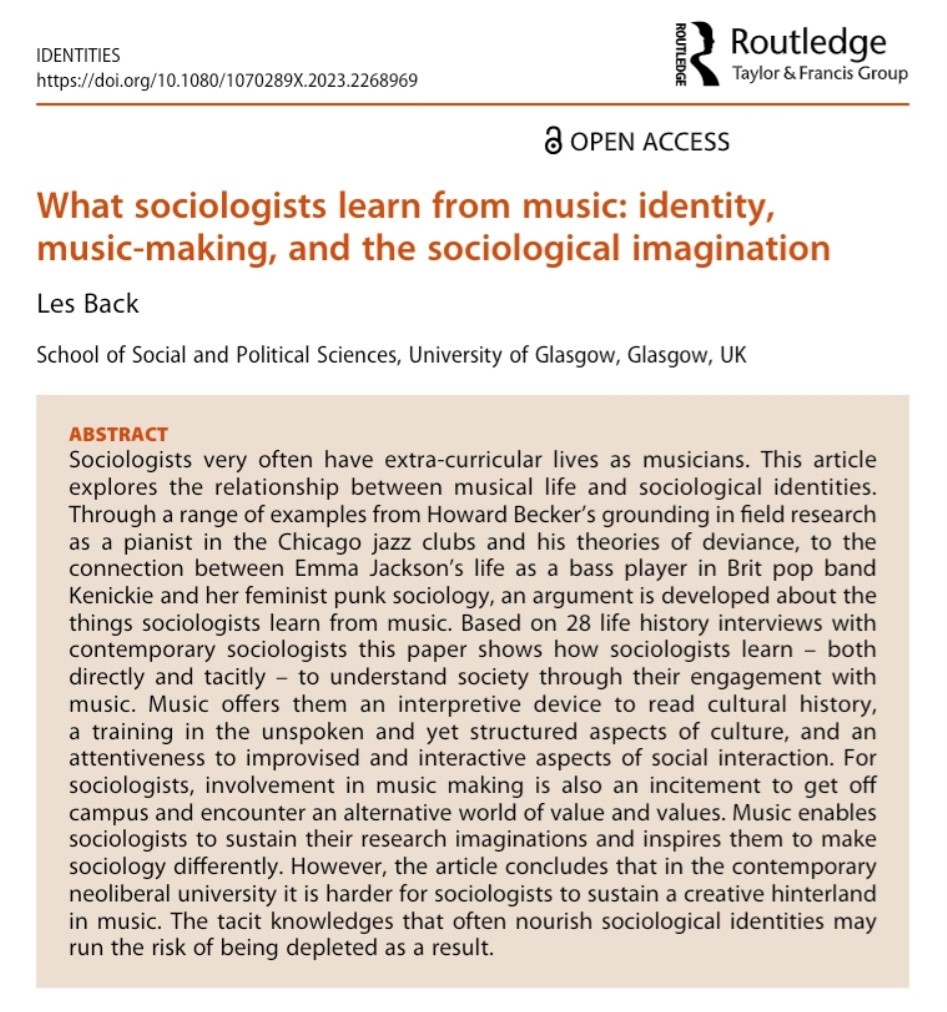 From #Identities with #OpenAccess: Les Back explores the relationship between the ideas & identities of great sociologists & their musical lives, showing how #music can provide a hinterland for sociological imagination. @AcademicDiary @tandfhss doi.org/10.1080/107028…