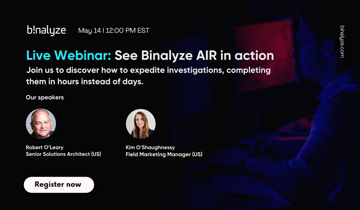 Don't miss out on our live webinar later today. Learn how Binalyze can speed up your incident response investigations from days to hours. 🎥 Date: Tuesday, May 14 🕒 Time: 12 pm eastern time 📍 Save your spot here: binalyze.com/events/webinar…