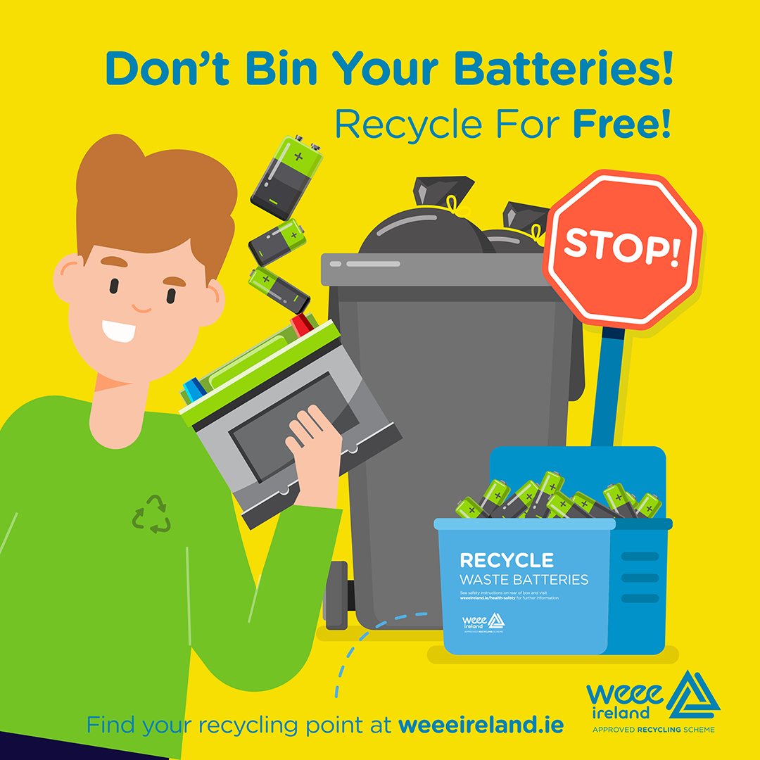 You can recycle anything that has a plug or battery for free at your local recycling centre. Do not place batteries or anything electrical or electronic in your household bin. See weeeireland.ie for more info #Donegal #YourCouncil