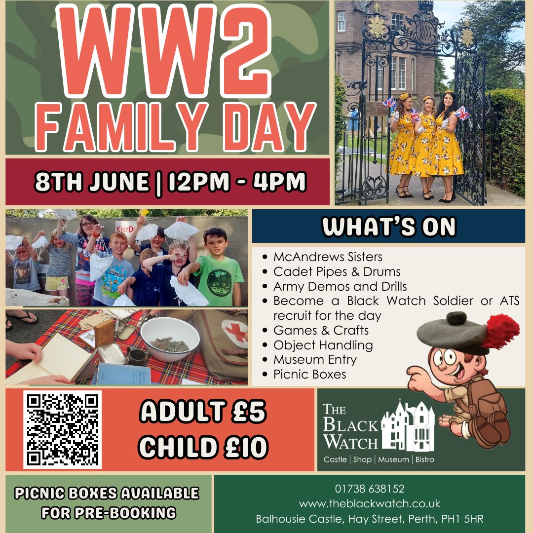 Step into the past with our immersive WW2 Family Day event!

Enjoy live performances, Army Demos, become a Black Watch Soldier or ATS recruit, & indulge in games, crafts, & Object Handling sessions.

Book Your Ticket: bit.ly/44xkg24

#WW2 #FamilyDayOut #FamilyActivities