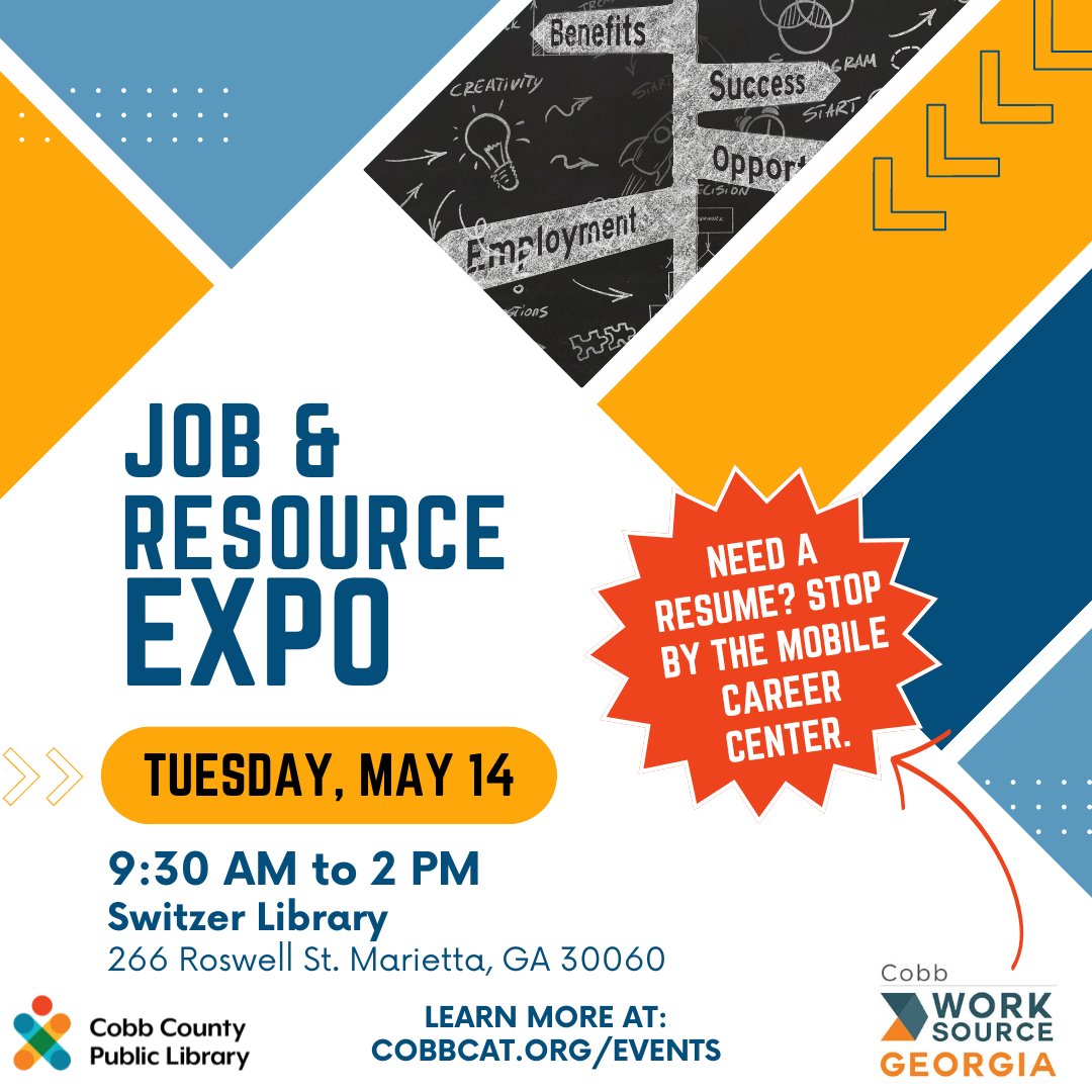 cobblibrary's tweet image. 📣TODAY📣 Join us for a Job &amp;amp; Resource Expo! The free event will feature ~40 local employers &amp;amp; orgs offering resources. Bring your resume or print one there. The Cobb Worksource Mobile Career Center will be on-site to assist jobseekers. #SwitzerLibrary | Tue, 5/14 | 9:30 am-2 pm