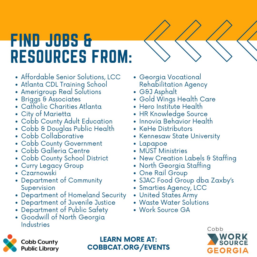 cobblibrary's tweet image. 📣TODAY📣 Join us for a Job &amp;amp; Resource Expo! The free event will feature ~40 local employers &amp;amp; orgs offering resources. Bring your resume or print one there. The Cobb Worksource Mobile Career Center will be on-site to assist jobseekers. #SwitzerLibrary | Tue, 5/14 | 9:30 am-2 pm