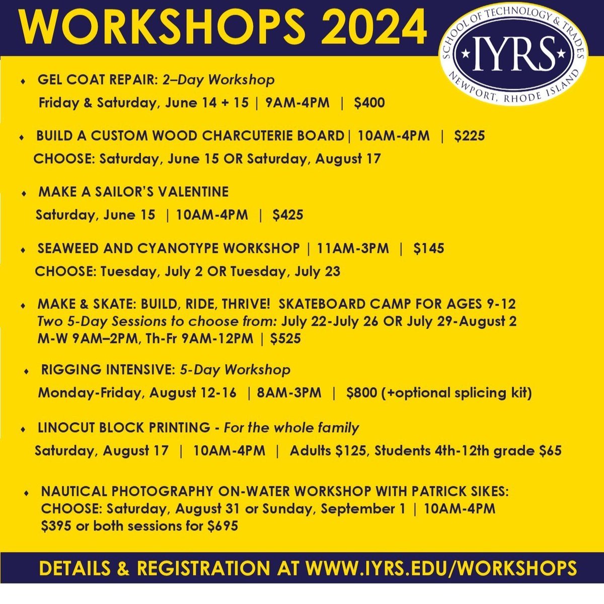 We are excited to announce our Summer Community Workshop schedule. With 4 NEW HANDS-ON workshops, there is something for everyone! For detailed descriptions and to register, please visit iyrs.edu/workshops #iyrs #iyrsedu #handsonlearning