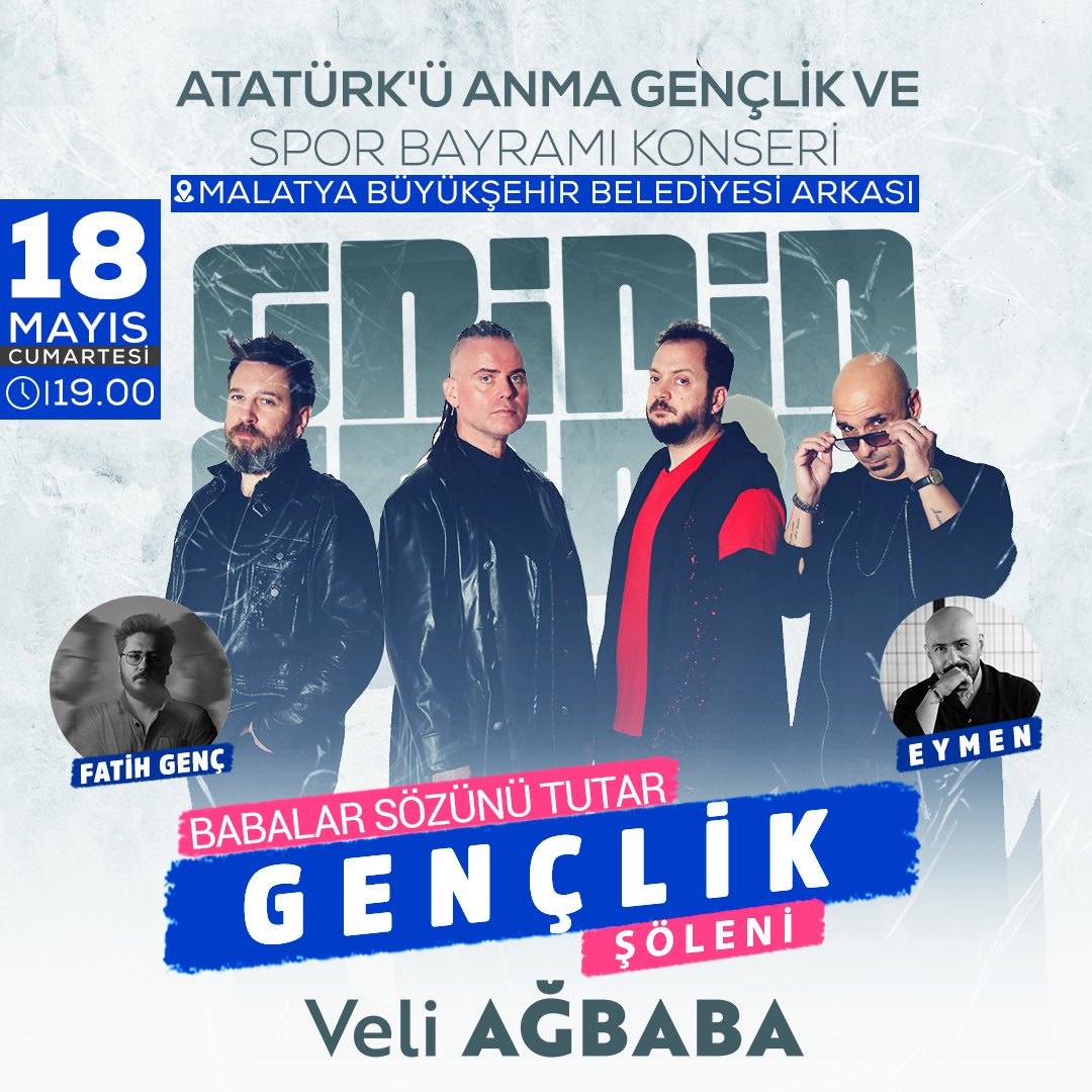 Sözümüzü tuttuk, 19 Mayıs Atatürk’ü Anma, Gençlik ve Spor Bayramı’nı Malatya’da muhteşem bir konser ile kutlayacağız! Malatya’nın coşkusunu ve birlik ruhunu bir araya getireceğimiz bu özel etkinlikte, Türkiye’nin en sevilen gruplarından Gripin bizlerle olacak! 18 Mayıs