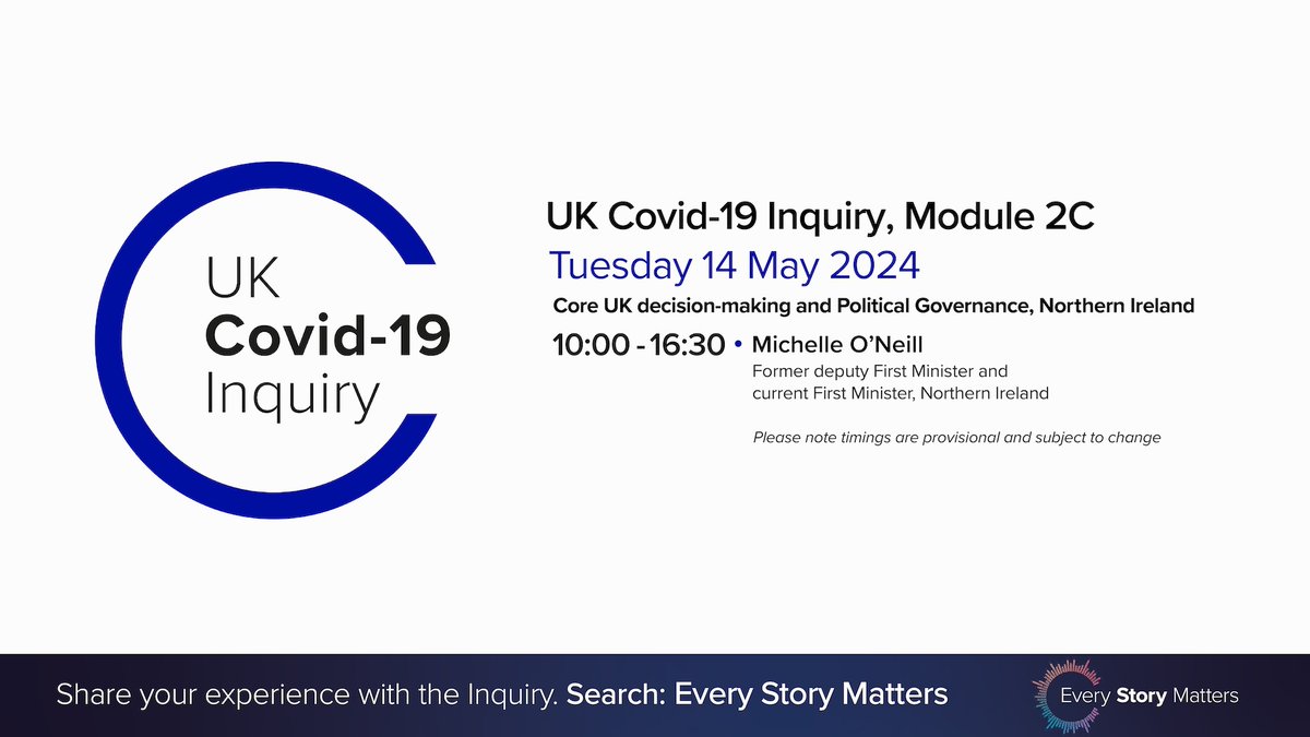Today, we hear evidence from Michelle O'Neill (Former deputy First Minister and current First Minister, Northern Ireland) 📺Watch live from 10:00 (with a three minute delay) on our YouTube channel youtube.com/@UKCovid-19Inq…