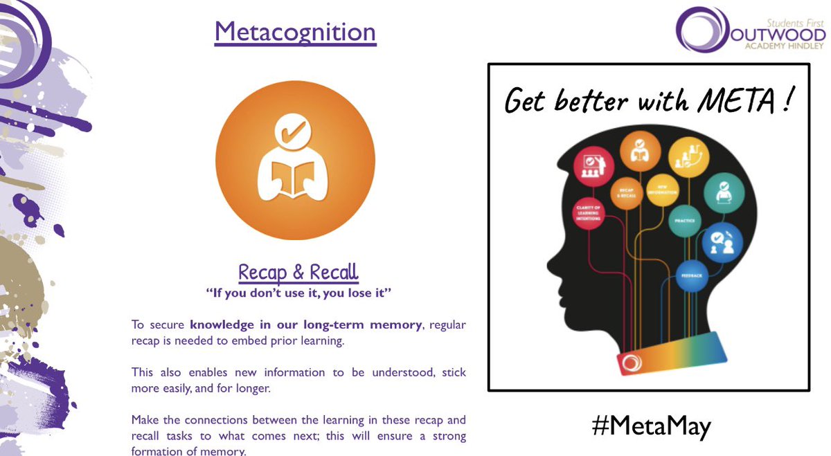 Today’s pillar is Recap & Recall. Retrieval is fundamental to secure learning in our long-term memory and make the connections with what’s to come. @OutwoodHindley #metacognition #MetaMay