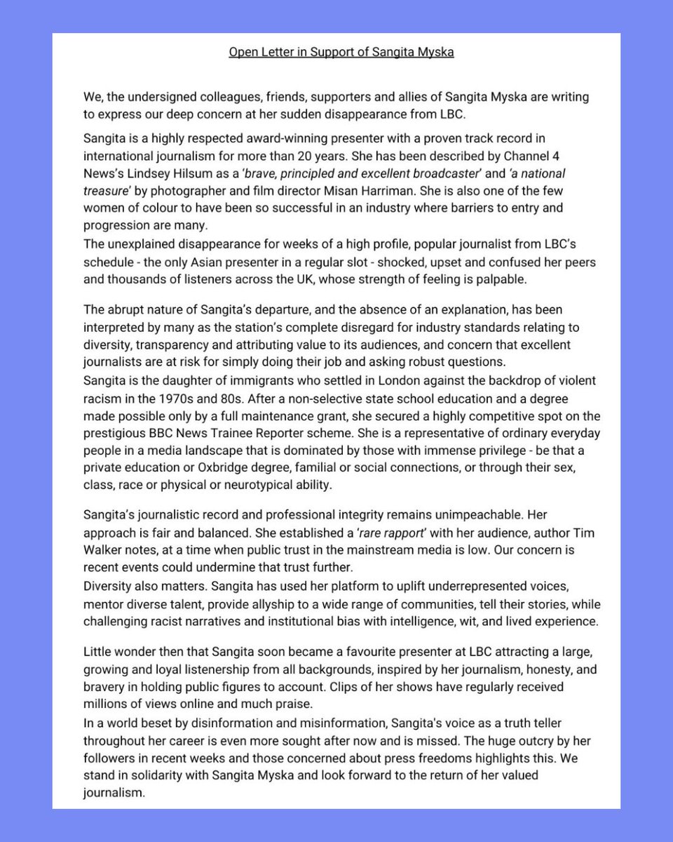 #IStandWithSangita alongside journalists, MPs, academics, campaigners, filmmakers, musicians, podcasters, lawyers, and more who have signed this open letter expressing concern about her abrupt departure from the airwaves. 🧵 1/3