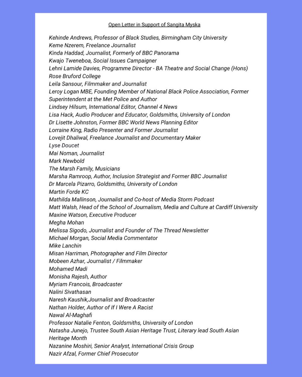 seaninsound's tweet photo. New names added 14th May 2024

Signatories include

@bbclysedoucet @OwenJones84 @charlottechurch @nazirafzal @IndiaWilloughby @MarshSongs @lindseyhilsum @misanharriman @sophiasgaler @Kwajotweneboa @jasminedotiwala @renireni @mikecmorgan 

🧵 2/3 https://t.co/ZgWy00ChTy