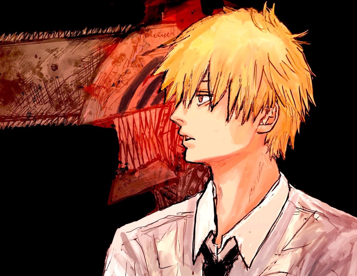 denji (chainsaw man) solo short hair simple background shirt blonde hair 1boy white shirt  illustration images