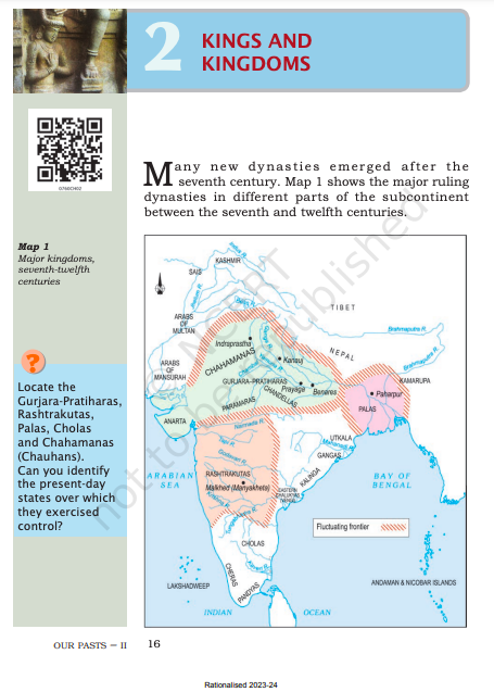 This is the second chapter in NCERT, class 7 history book. The map shows major ruling dynasties of the subcontinent between 7th-12th centuries.

The map shows 'Arabs of Manshura' & 'Arabs of Multan', who were a minor power and lasted only a few years. The Hindu kingdoms of Sindh,