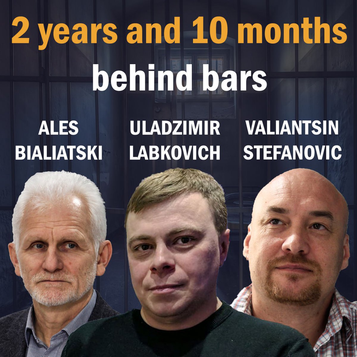 💔Human rights defenders Ales Bialiatski, Valiantsin Stefanovich and Uladzimir Labkovich have been in prison for 2 years and 10 months. 

On 14 July 2021, searches were carried out at their home and at the homes of other @viasna96 activists. Last year, #NobelPeacePrize laureate