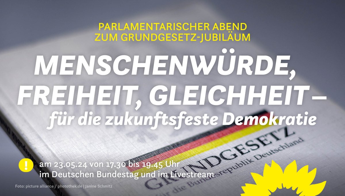 Wir feiern das Grundgesetz-Jubiläum & wollen gemeinsam diskutieren: Welche Botschaft hält das GG 2024 für uns bereit? Wie verteidigen wir Menschenwürde, Freiheit, Gleichheit für künftige Generationen? Wie gestalten wir Demokratie zukunftsfest? Seid dabei👇 gruene-bundestag.de/termine/mensch…