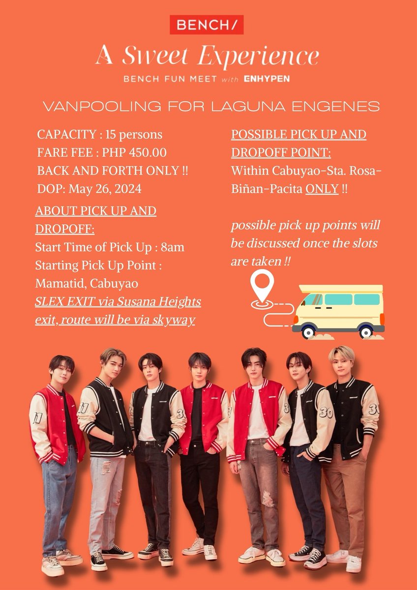 LOOKING FOR:
Laguna Engenes kasabay for #BENCHandENHYPEN Fun Meet

-please read the details included in the picture
-kindly dm me for other inquiries!

t. enhypen bench vanpool van carpool car pooling sweet experience cabuyao sta rosa biñan san pedro pacita fm fanmeeting