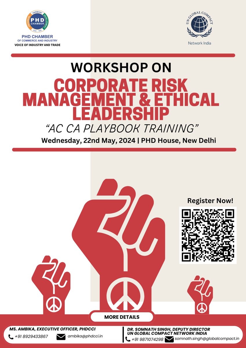 Join us for a transformative workshop on Corporate Risk Management & Ethical Leadership! Expand your knowledge on navigating corporate risks ethically. Date: 22nd May 2024 | Time: 1 PM - 5 PM | Venue: PHD House, New Delhi. Scan to Register Now!