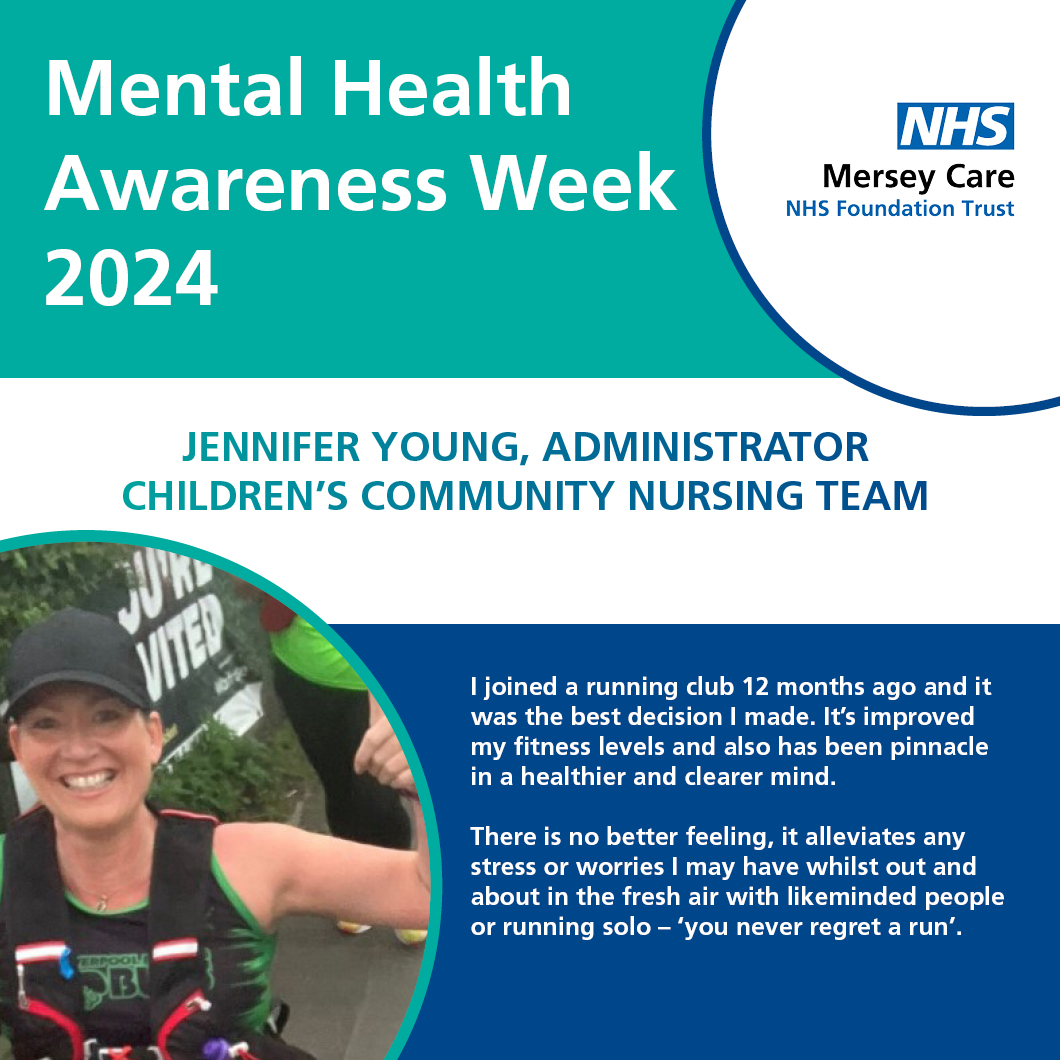 Thanks to Jennifer for highlighting the powerful connection between physical health and #MentalHealth this #MHAW2024 💙 Jennifer said 'There is no better feeling than when I go for a run, it alleviates any stress or worries I have' Read more 👇🏽 merseycare.nhs.uk/move-more