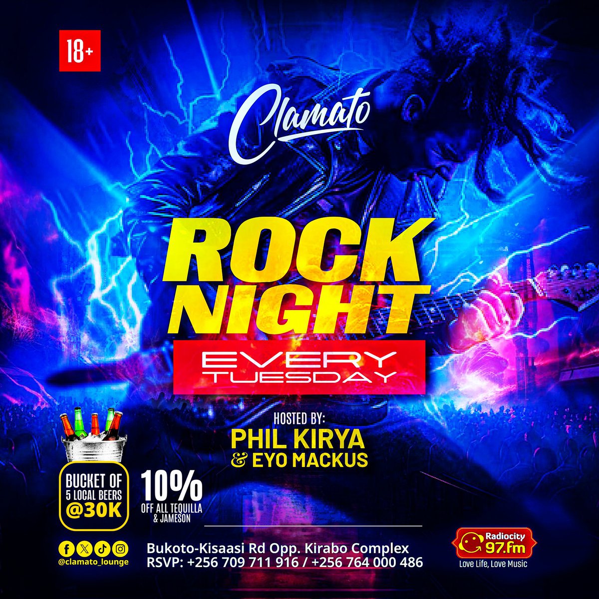 TUESDAY PLOT: 14/05 📌ROCK NIGHT 📍@clamato_lounge 🎙Hosted by: @PhilKirya & @EyoMackus Your Tuesday dose of RockNRoll is happening tonight, and to make things interesting, you can now buy a Bucket 🪣 of 5 local beers at 30K with a 10% discount off all Tequilla & Jameson.