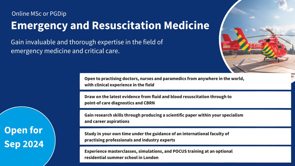 Cover topics from #resuscitation and #trauma to #CBRN and diagnostic tools on our online MSc in Emergency and Resuscitation Medicine. Study under the guidance of practising professionals and world-leading experts. Apply now: qmul.ac.uk/postgraduate/t… @ResusMasters @QMULBartsTheLon