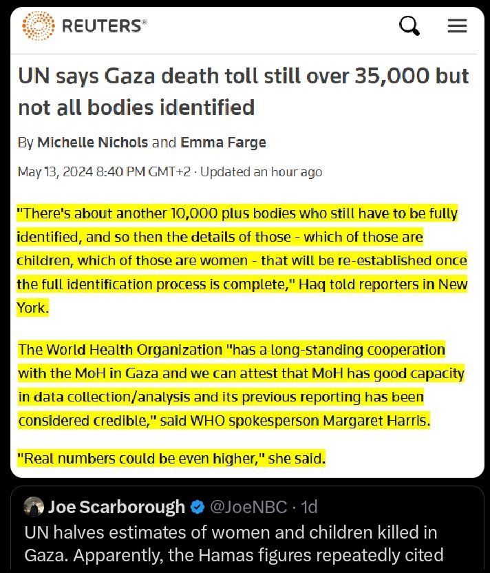 I don't know who #JoeScarborough is but I DO KNOW when you CAN'T TRUST the MEDIA you CAN'T TRUST ANY INFORMATION YOU RECEIVE. #Lying about the number of Dead #Palestinian #children #women & #men is #Disgusting & #Despicable #behavior by #journalists & #journalism.