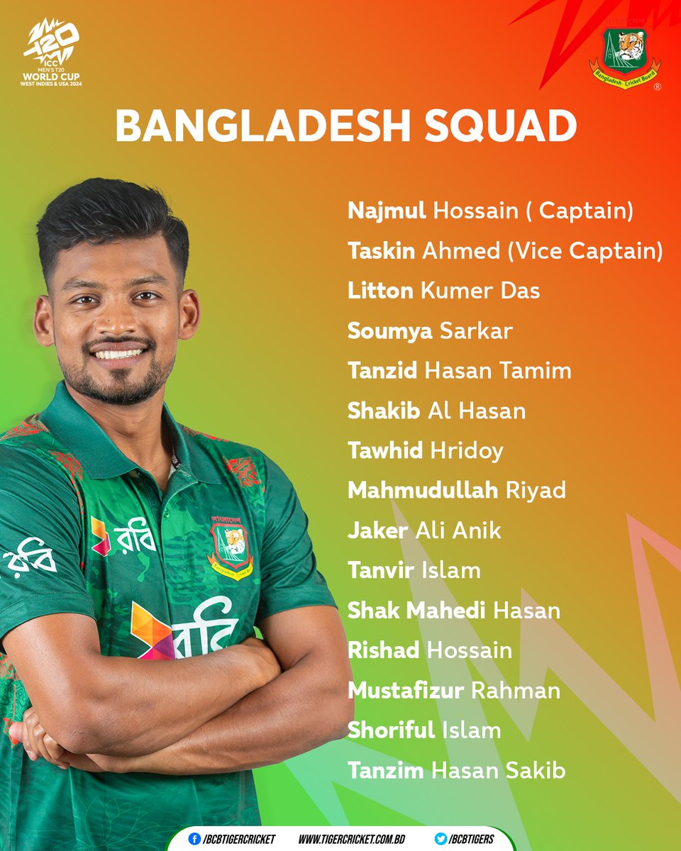 Bangladesh Squad for ICC T20 Men’s World Cup 2024 USA & The West Indies.
#BCB | #Cricket | #T20WorldCup2024