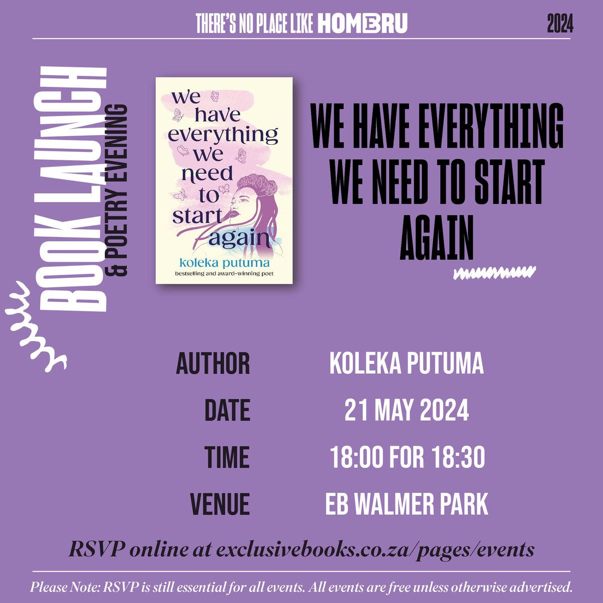 📌Join us for the launch of Koleka Putuma's latest poetry collection, We Have Everything We Need to Start Again, at @ExclusiveBooks Walmer Park. Experience the power of words at Koleka Putuma's poetry evening. See you there!